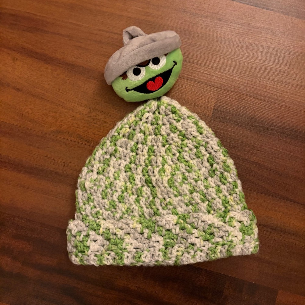 Handmade Green Grey Speckled Grover Crochet Beanie Hat Kids Sesame‎ Street